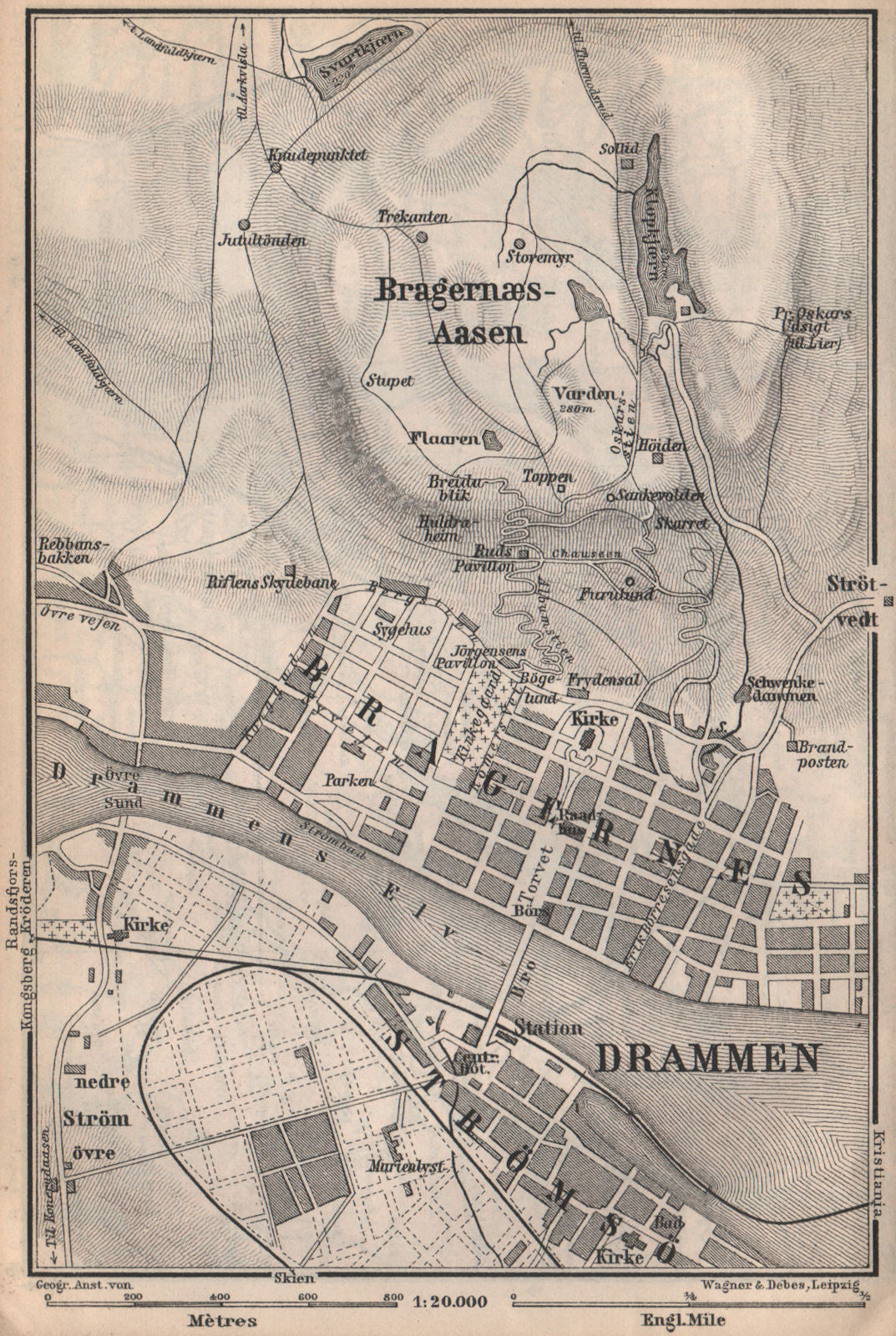 DRAMMEN antique town city byplan. Norway kart. BAEDEKER 1899 old map